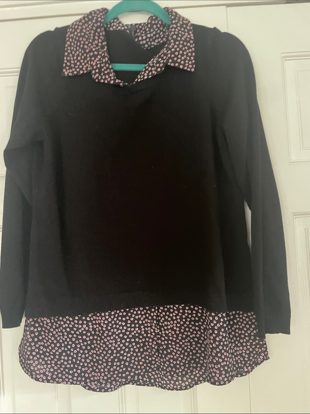 Adrianna Papell Black Sweater with Pink Ditsy-Print Shirt Detail